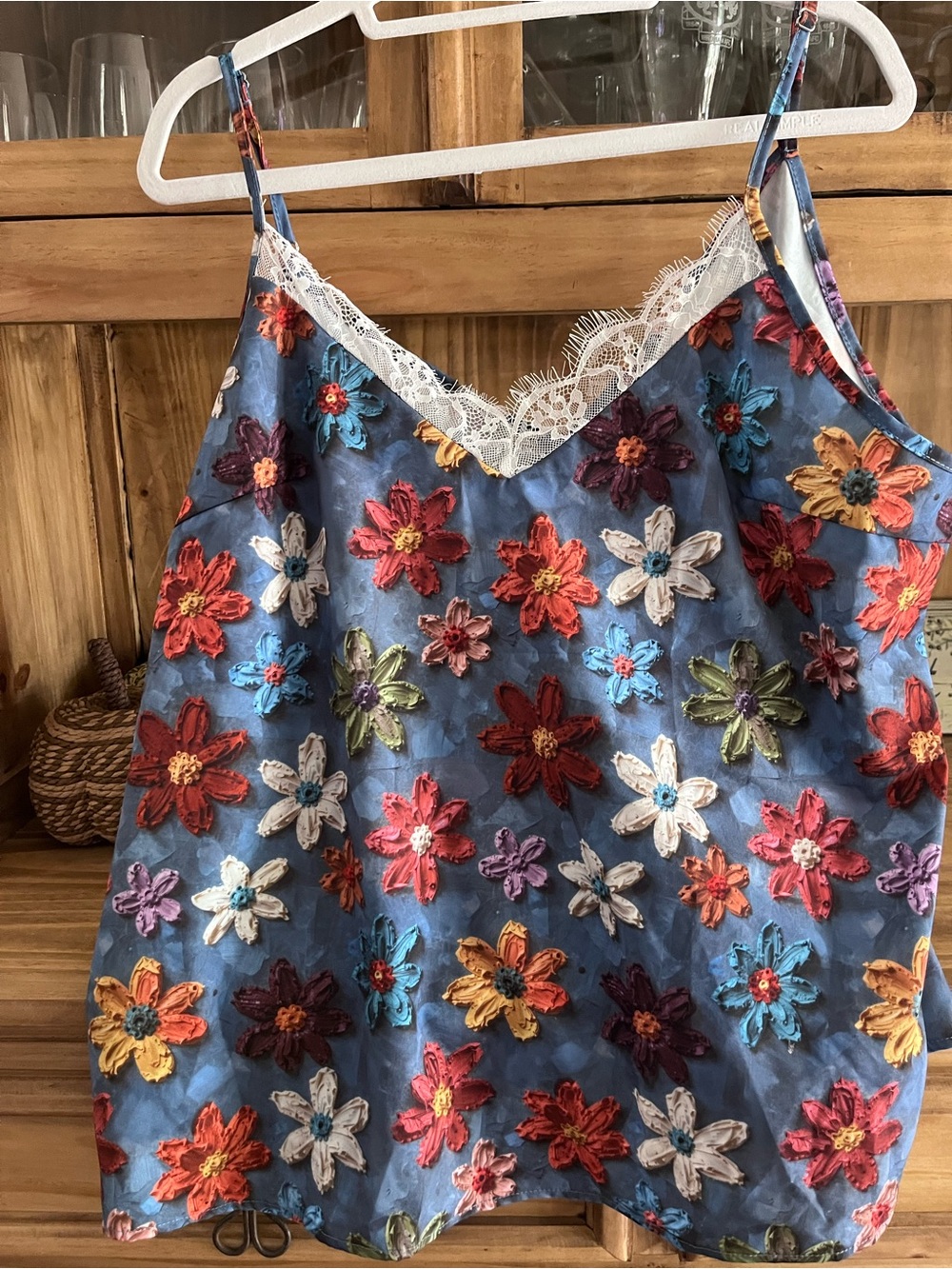 SHEIN Blue Floral Lace-Trim Satin Cami